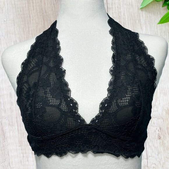 Intimately Free People Bralette Halter S Black Stretchy Floral Lace Fairy Goth - Picture 1 of 5